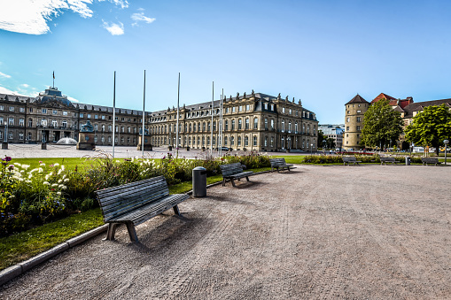 Schlossplatz And Neues Schloss In Stuttgart, Germany. The Dominant Building is Ministry of Economics, Labor and Tourism Baden-Württemberg as part of the New Palace In Stuttgart.