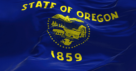 Close up view of the Oregon state flag waving. Oregon is a state in the Pacific Northwest region of the Western United States. Fabric textured background. Selective focus. 3D illustration