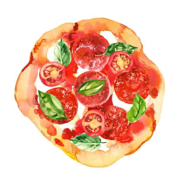 illustrazioni stock, clip art, cartoni animati e icone di tendenza di piccola pizza fritta tradizionale italiana con mozzarella, basilico, peperoni e pomodori. - focaccia