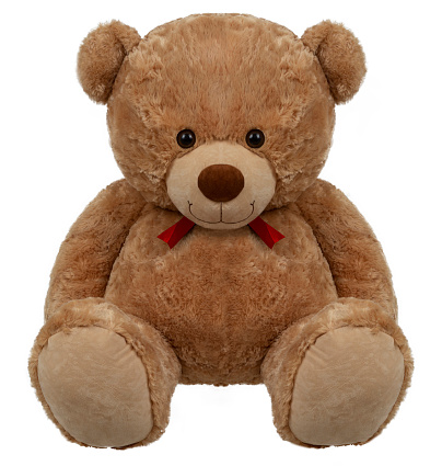 Giant Teddy bear with red bow sitting on white background