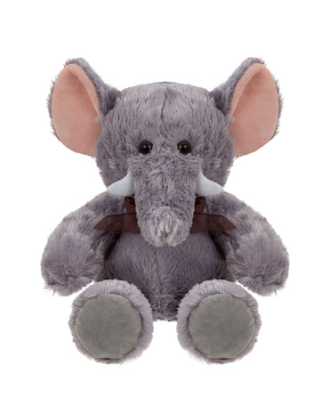 Stuffed gray elephant with brown bow sitting on white background