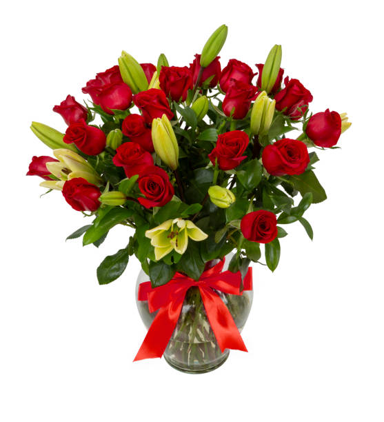 istock Glass vase with beautiful flowers on white background. 1447205892