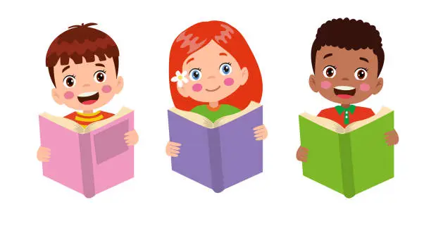Vector illustration of Set icons of small children reading a book