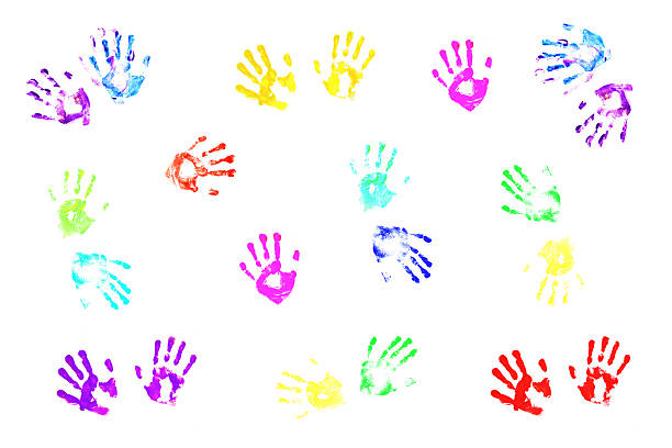 istock Many colorful children's handprints on white background 144721279