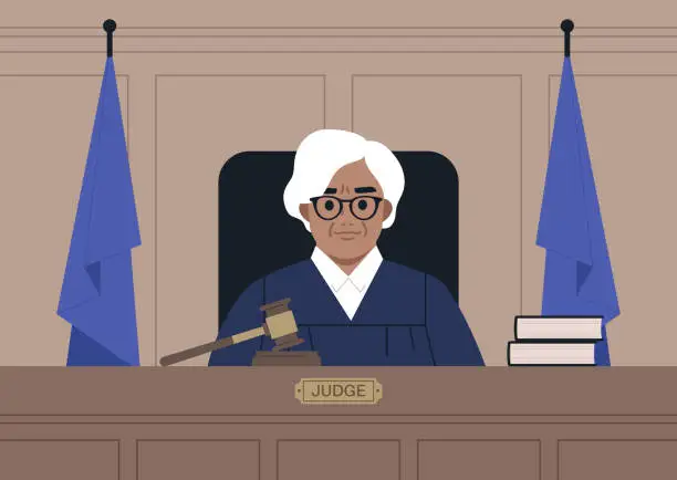 Vector illustration of A portrait of a female Caucasian judge wearing a robe in a courtroom, justice and law