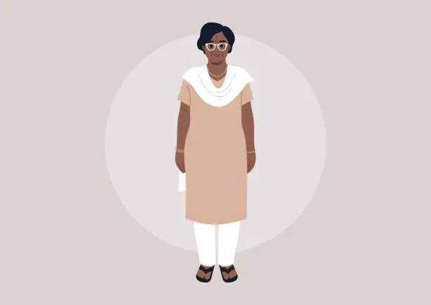 Vector illustration of A portrait of a senior Indian woman wearing modern clothes and accessories