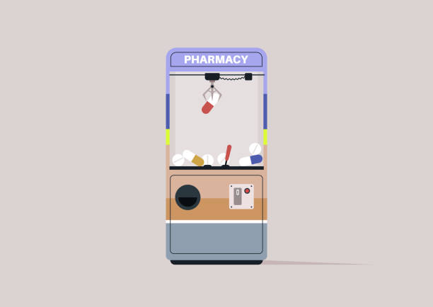 ilustraciones, imágenes clip art, dibujos animados e iconos de stock de una máquina de garras con pastillas en lugar de juguetes, adicción a las drogas, riesgos de tomar medicamentos - arcade amusement arcade leisure games machine