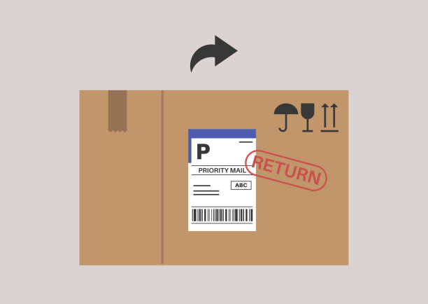 ilustraciones, imágenes clip art, dibujos animados e iconos de stock de un procedimiento de devolución y cambio de paquetes, una caja de cartón con sellos y pegatinas, un servicio de mensajería - returning