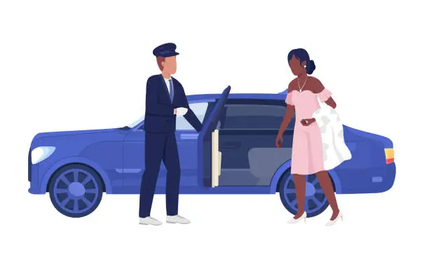 Vector illustration of Personal chauffeur and lady in luxury dress semi flat color vector characters