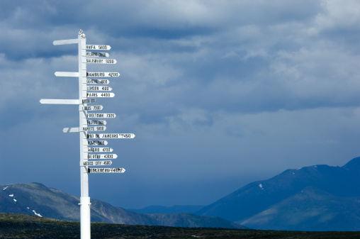 Direction pole with world cities signs on the top of Alaska's mountain