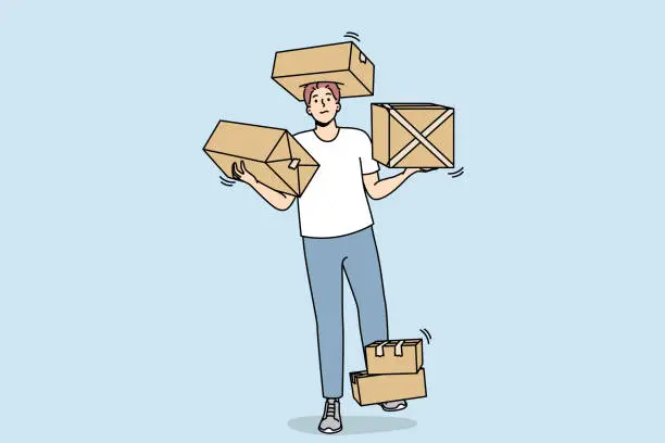 Vector illustration of Courier man carries cardboard boxes with goods.