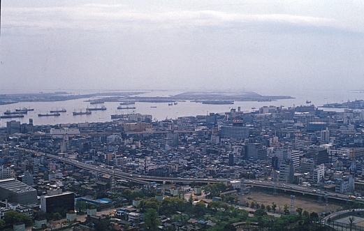 Tokyo, Honshu, Japan, 1975. Cityscape of Tokyo looking towards the harbour.