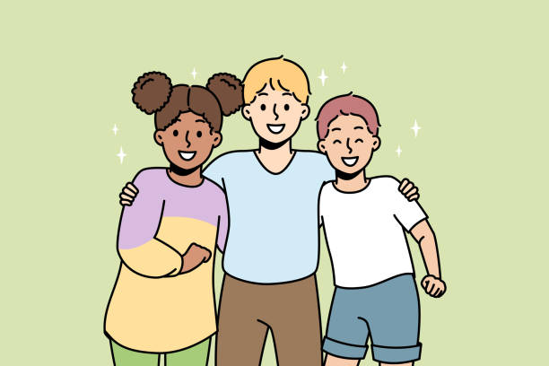 Children friends of different nationalities stand, hug. vector art illustration
