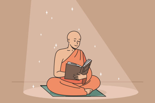 불교 승려가 양탄자 위에 앉아 고대 책을 읽고 있다. - buddhism monk book zen like stock illustrations