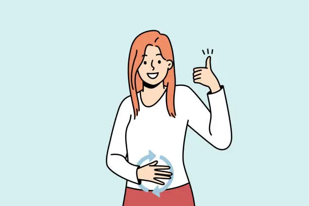 Vector illustration of Happy girl feeling good herself after eating food.