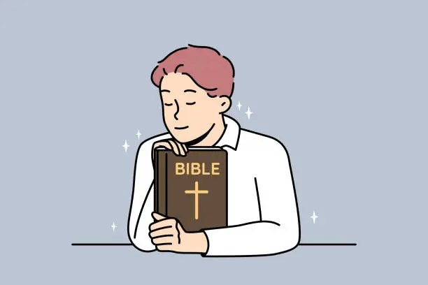 Vector illustration of Man Christian holds Bible, prays to God, feels grace.