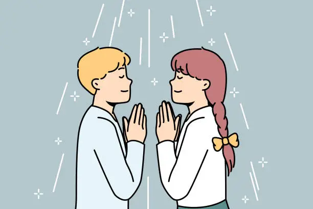 Vector illustration of Boy, girl pray to God facing each other in church.