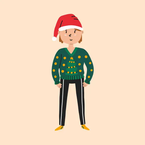 Vector illustration of Boy in an ugly Christmas sweater