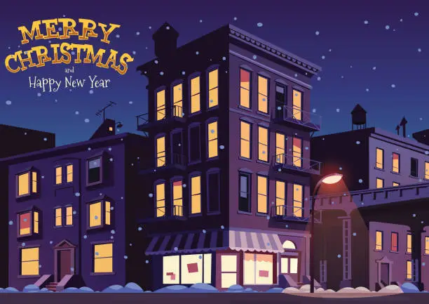 Vector illustration of City street on Christmas night vector illustration