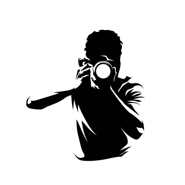ilustrații de stoc cu fotograful face poze, logo-ul vector. vedere frontală. omul cu aparat de fotografiat digital - fotograf
