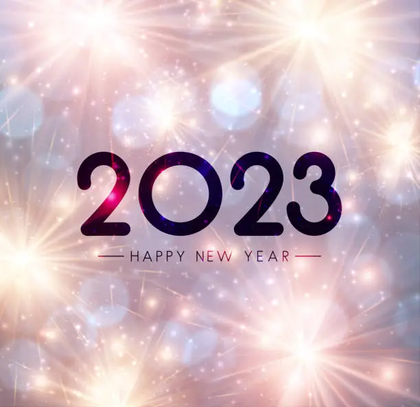 Vector illustration of 2023 happy new year sign on fogged glass with fireworks.