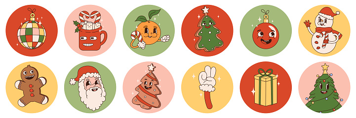 Hippie groovy christmas sticker pack with retro cartoon characters and elements. Merry christmas and happy new year in 70s vibes.