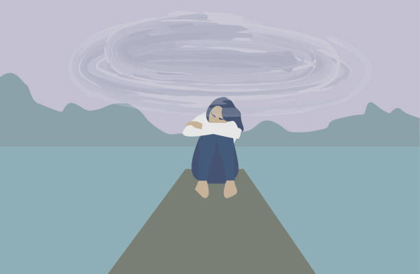 illustrazioni stock, clip art, cartoni animati e icone di tendenza di triste donna sola in depressioneil concetto di salute mentale. - mental health healthcare and medicine brain psychiatrist