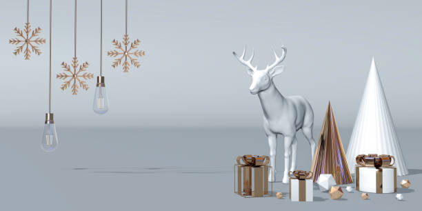 istock Christmas winter holiday composition. Realistic 3d decorative design items, Deer and gift boxes, Christmas trees, Happy New Year. 3D render 1447227784