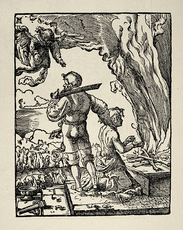 Vintage illustration Abraham offering to sacrifice his son to God by Albrecht Altdorfer, German Etching 16th Century art