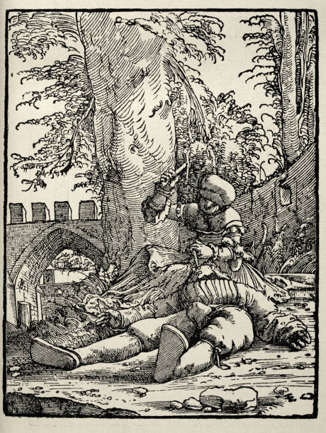 Vintage illustration Jael and Sisera by Albrecht Altdorfer, German Etching 16th Century art.  It depicts the moment in which a Kenite woman Jael is about to kill Sisera, a defeated Canaanite general.
