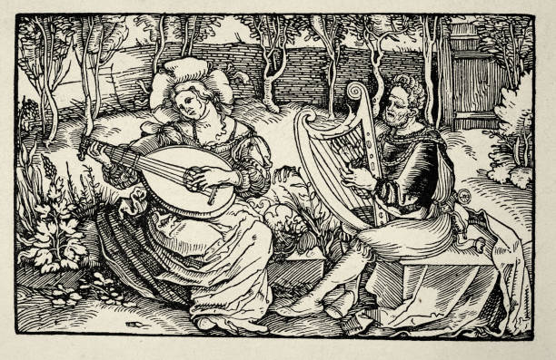 stockillustraties, clipart, cartoons en iconen met good and bad music by hans burgkmair, woman playing lute, man the harp, german woodcut 16th century art - harp