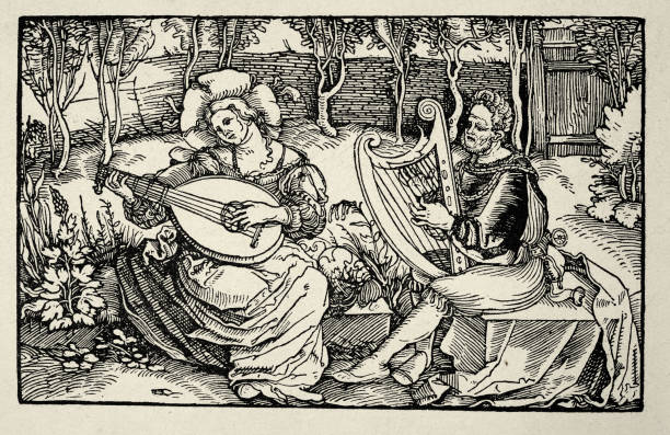 хорошая и плохая музыка ганса бургкмайра, женщина, играющая на лютне, мужчина-арфа, немецкая гравюра на дереве 16-го века - medieval music stock illustrations