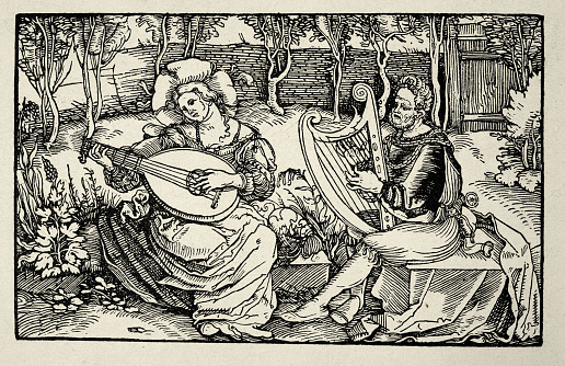 Vintage illustration Good and bad music by Hans Burgkmair, German woodcut 16th Century art