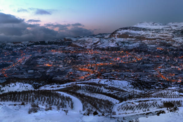 Mountainous Town in Winter stock photo