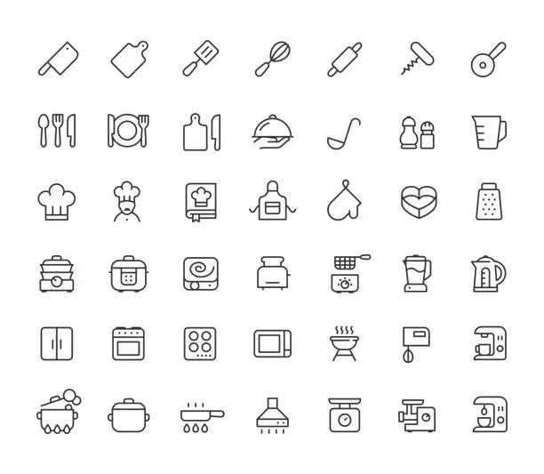 Vector illustration of 42 Kitchen Line Icons. Editable Stroke.