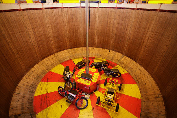 Classic circus motorcycle show where motorcycles travel round a vertical 360 degree wall.