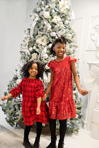 Cute little girls dancing in front of Christmas tree. They are sisters from black ethnicity with pretty red party dresses and are looking at the camera with a soft smile. Vertical full length indoors shot with copy space. This was taken in Montreal, Quebec, Canada.