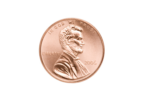 penny macro isolated on white - front side with Abraham Lincoln
