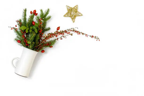 White ceramic cup with bouquet of spruce, barberry twigs and wild rose fruits on white background with rustic golden star, top view, copy space