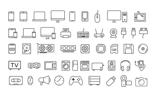 satz von geräte- und technologiesymbolen. vektorillustration - computer icon symbol icon set media player stock-grafiken, -clipart, -cartoons und -symbole