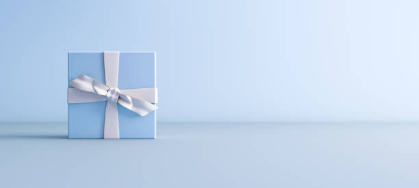 istock Mock-up poster, baby blue gift box with white bow on light blue background 1447241069