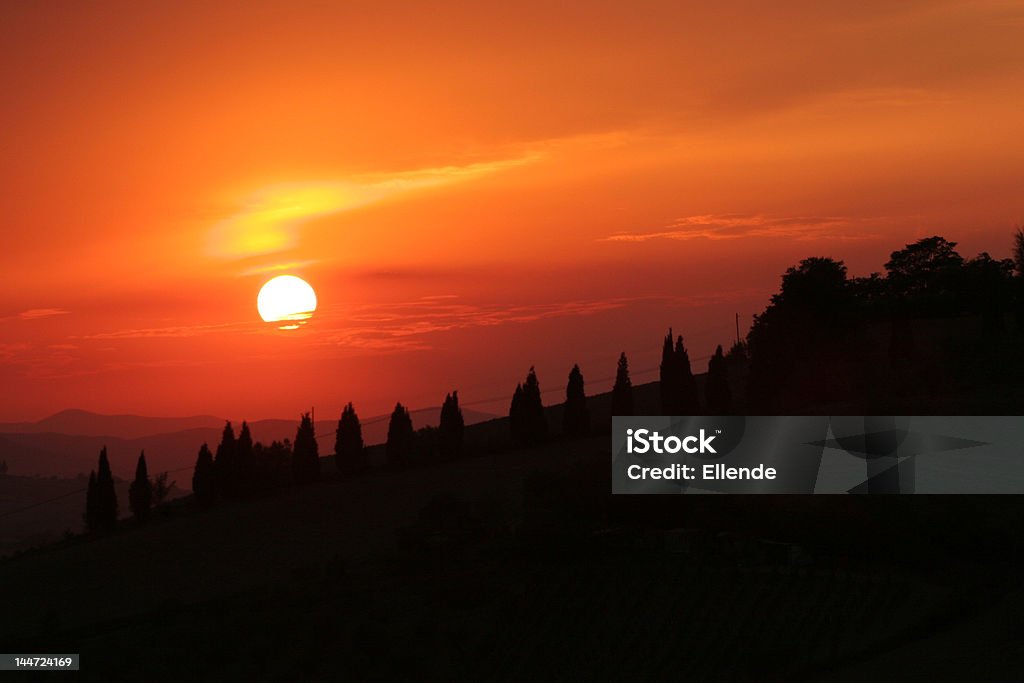 Закат солнца в Тоскане - Стоковые фото Кипарис роялти-фри