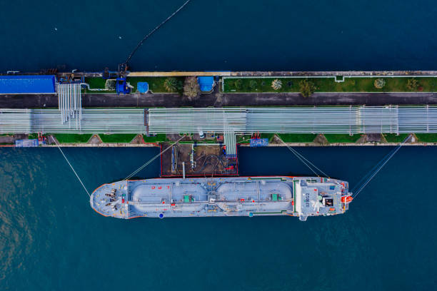 istock Ship tanker with LPG. Process of loading of tanker, drone aerial view 1447244145