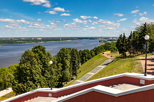 Chkalovskaya Staircase in Nizhny Novgorod on a sunny day. The Volga staircase.