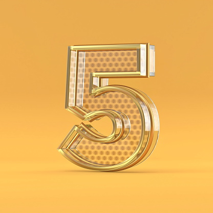 Gold wire and glass font Number 5 FIVE 3D rendering illustration isolated on orange background