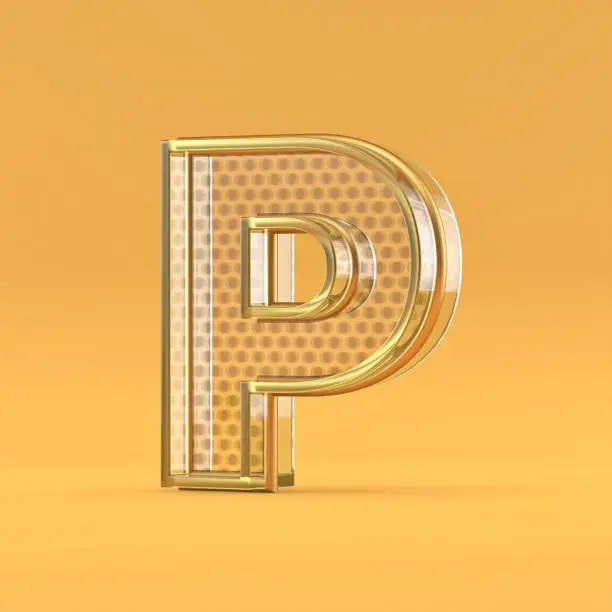 Gold wire and glass font letter P 3D rendering illustration isolated on orange background