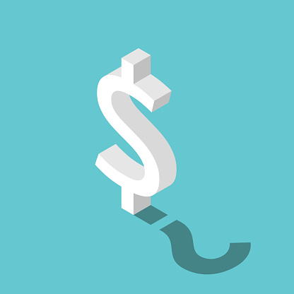 Isometric dollar sign, question mark shadow. Exchange rate, inflation, savings, finance, economic crisis and uncertainty concept. Flat design. EPS 8 vector illustration, no transparency, no gradients
