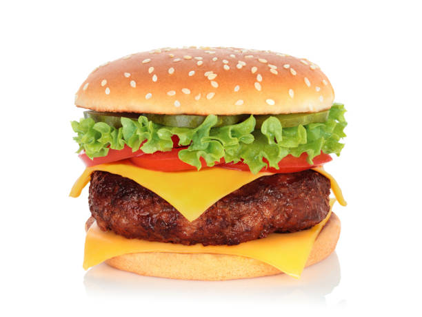 istock Big hamburger with big beef cutlet on white background 1447247911