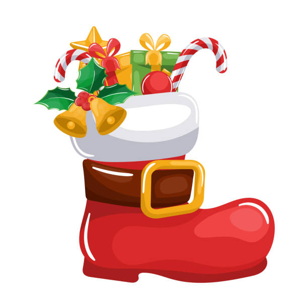 weihnachtsmannstiefel, mit weihnachtsschmuck, glocken, stechpalmenblättern, geschenken, zuckerstange für frohe weihnachtskarte - nikolaus stiefel stock-grafiken, -clipart, -cartoons und -symbole
