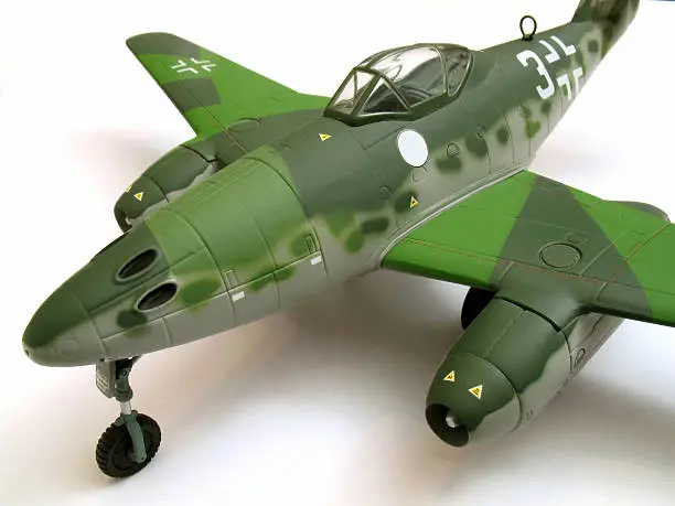 Photo of 1/48 scale model of a WWII Messerschmitt 262 jet fighter.  This aircraft was considered to be the most advanced fighter of WWII though production started too late to effect the outcome of the war.